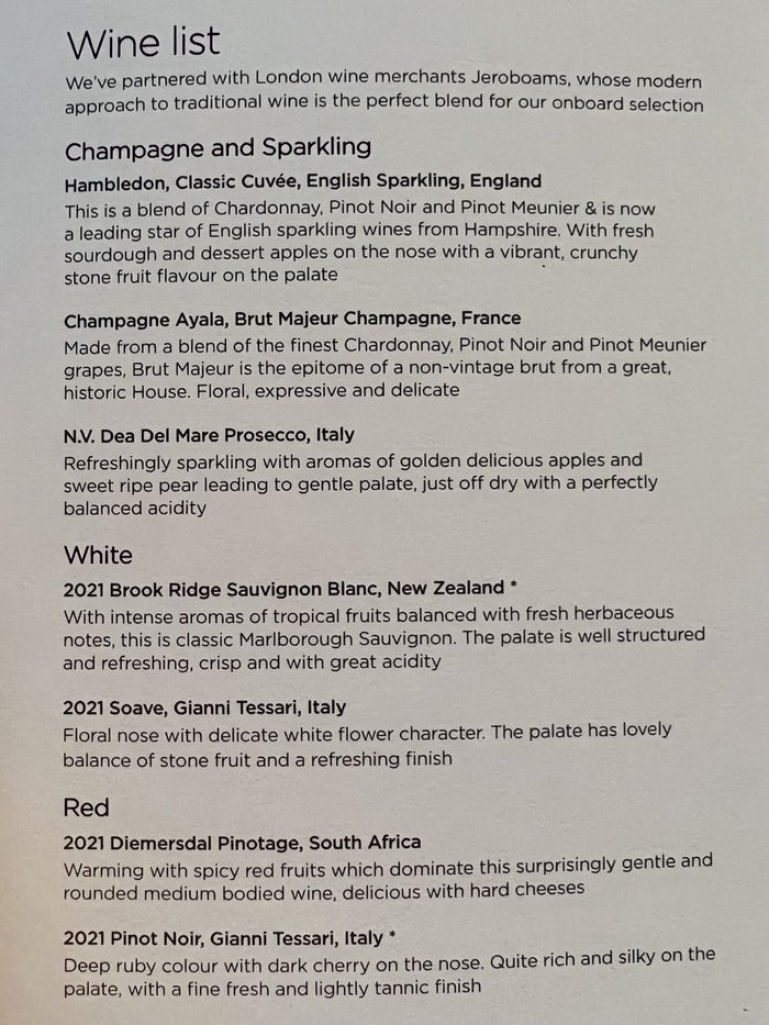 Virgin Atlantic A350 Upper Suite wine menu