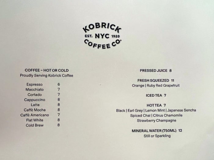 Beverage menu at Parkers Restaurant at the Thompson Central Park
