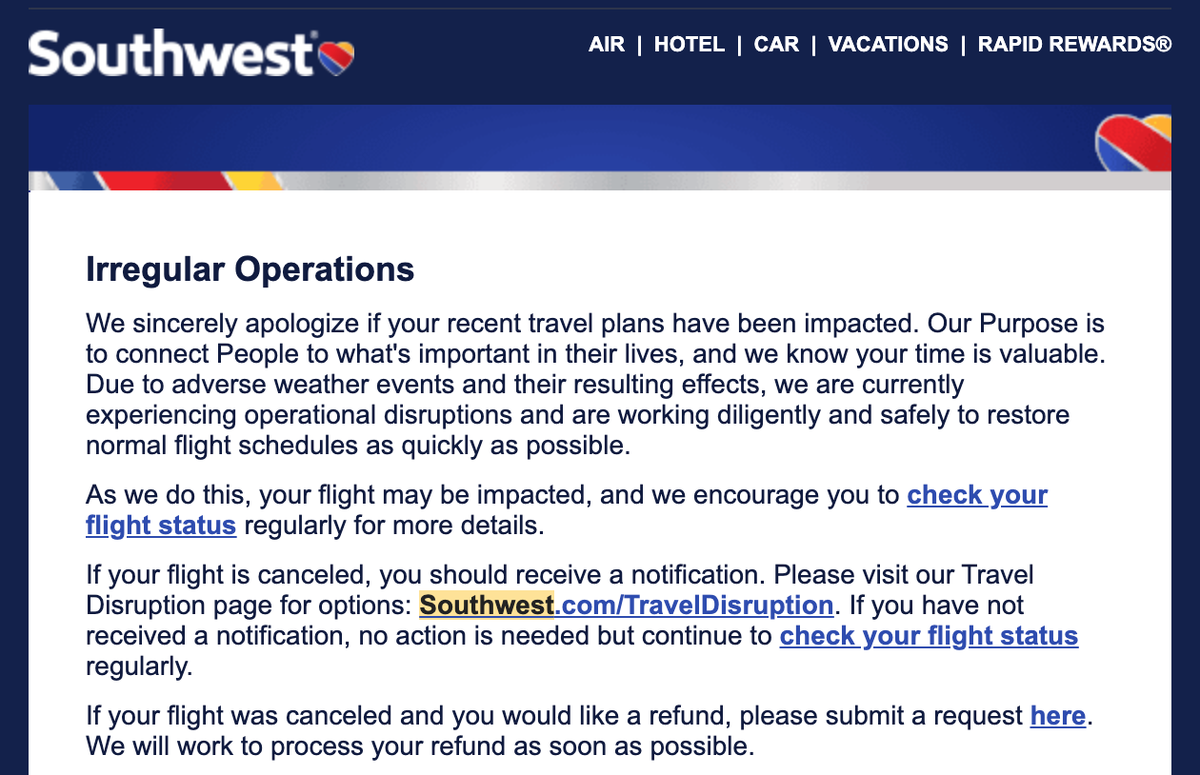 Email from Southwest about operational meltdown