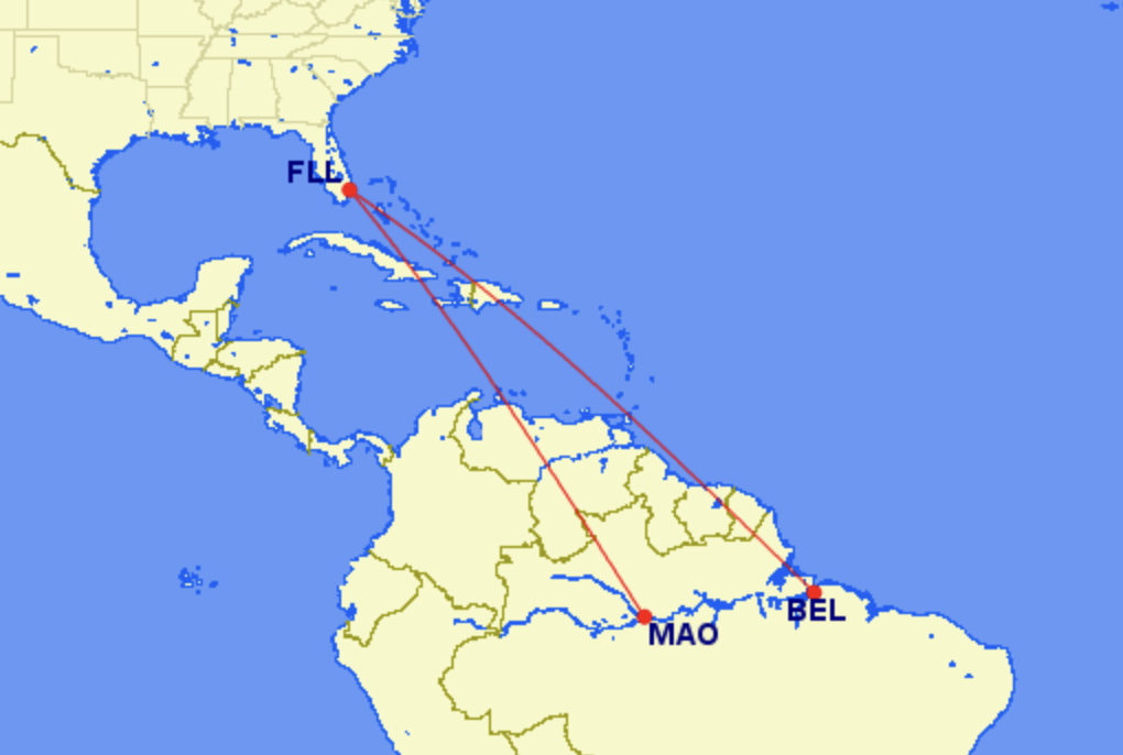Map of Azul routes from Fort Lauderdale to Belem and Manaus