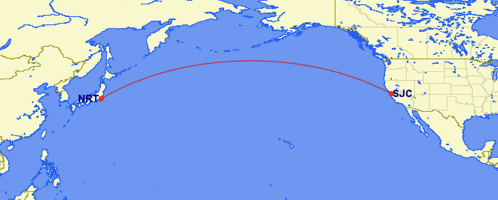 Map of ZIPAIR service between San Jose and Tokyo