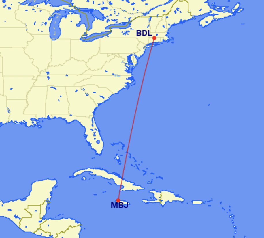 Map of route from Hartford to Montego Bay
