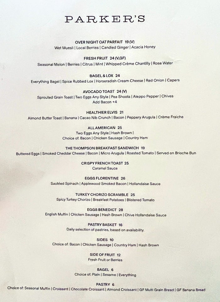 Menu at Parkers Restaurant at Thompon Central Park New York