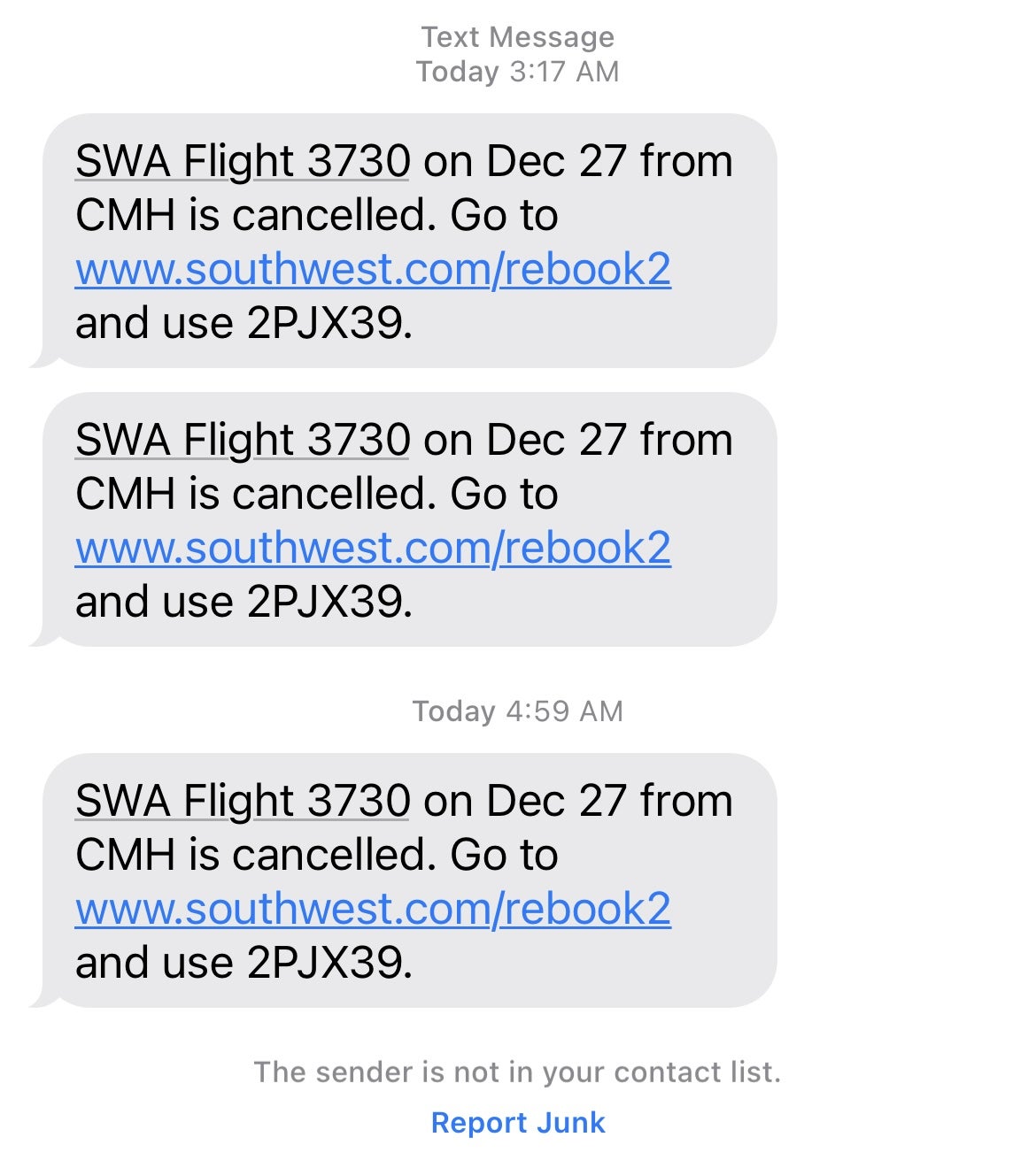 Texts from Southwest about canceled flgiht