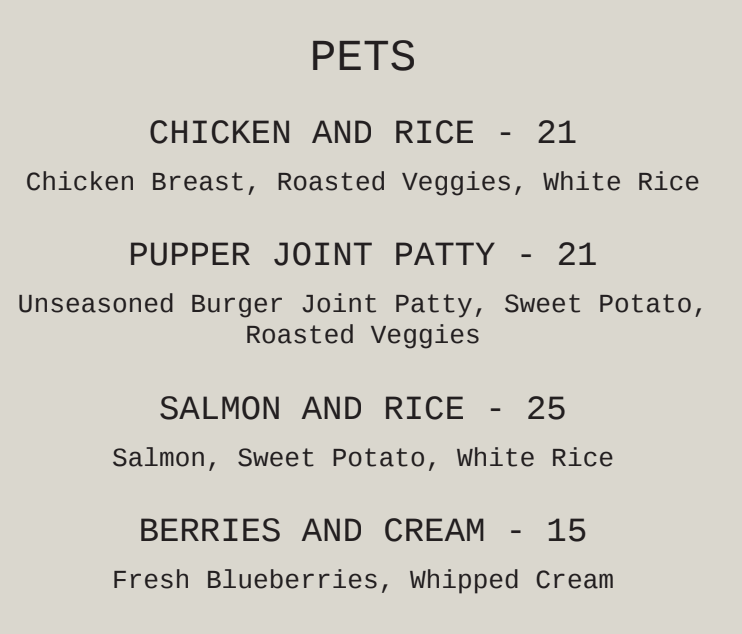Thompson Central Park New York in room dining menu for pets