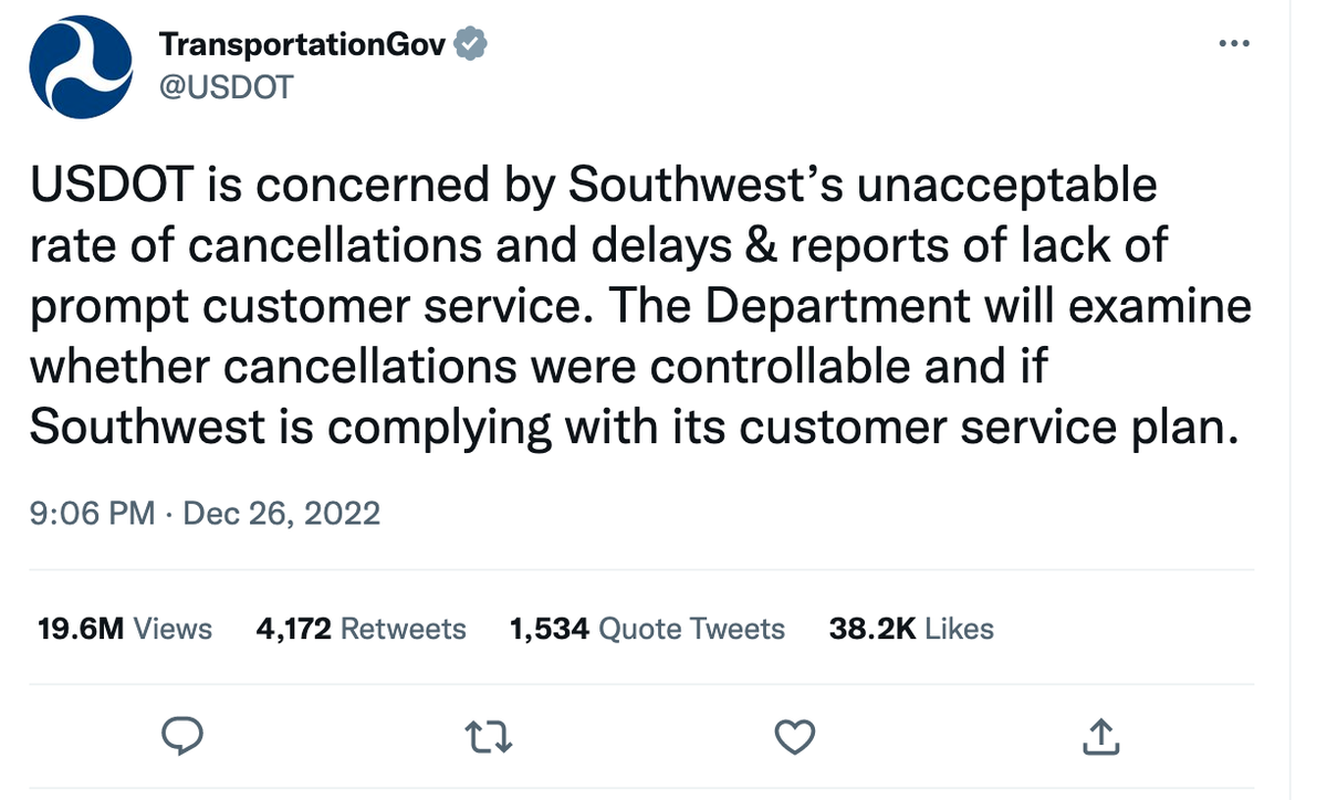 Tweet from USDOT about Southwest Meltdown
