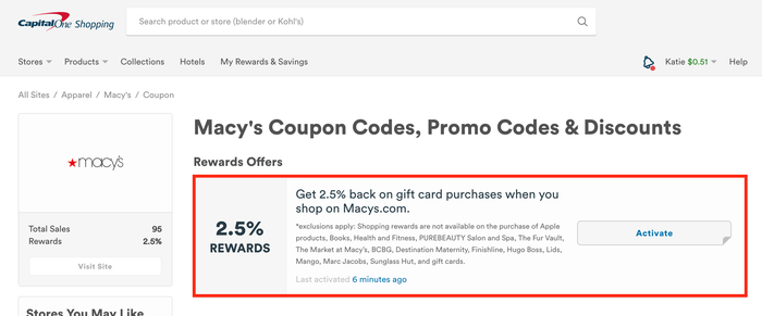 Capital One Shopping offer for Macys via the website