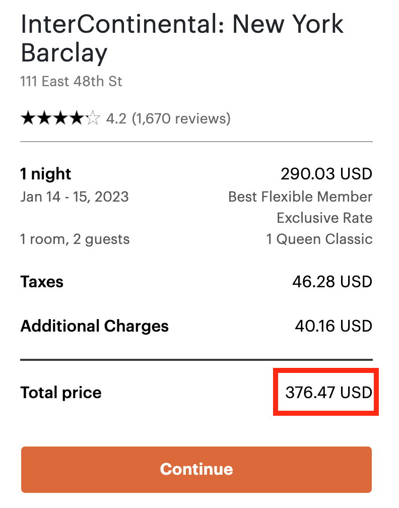 Cost for Intercontinental New York Barclay including fees