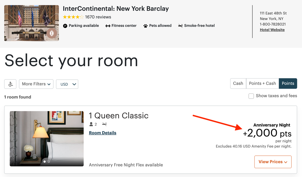 Cost of Intercontinental New York Barclay room wtih free night cert