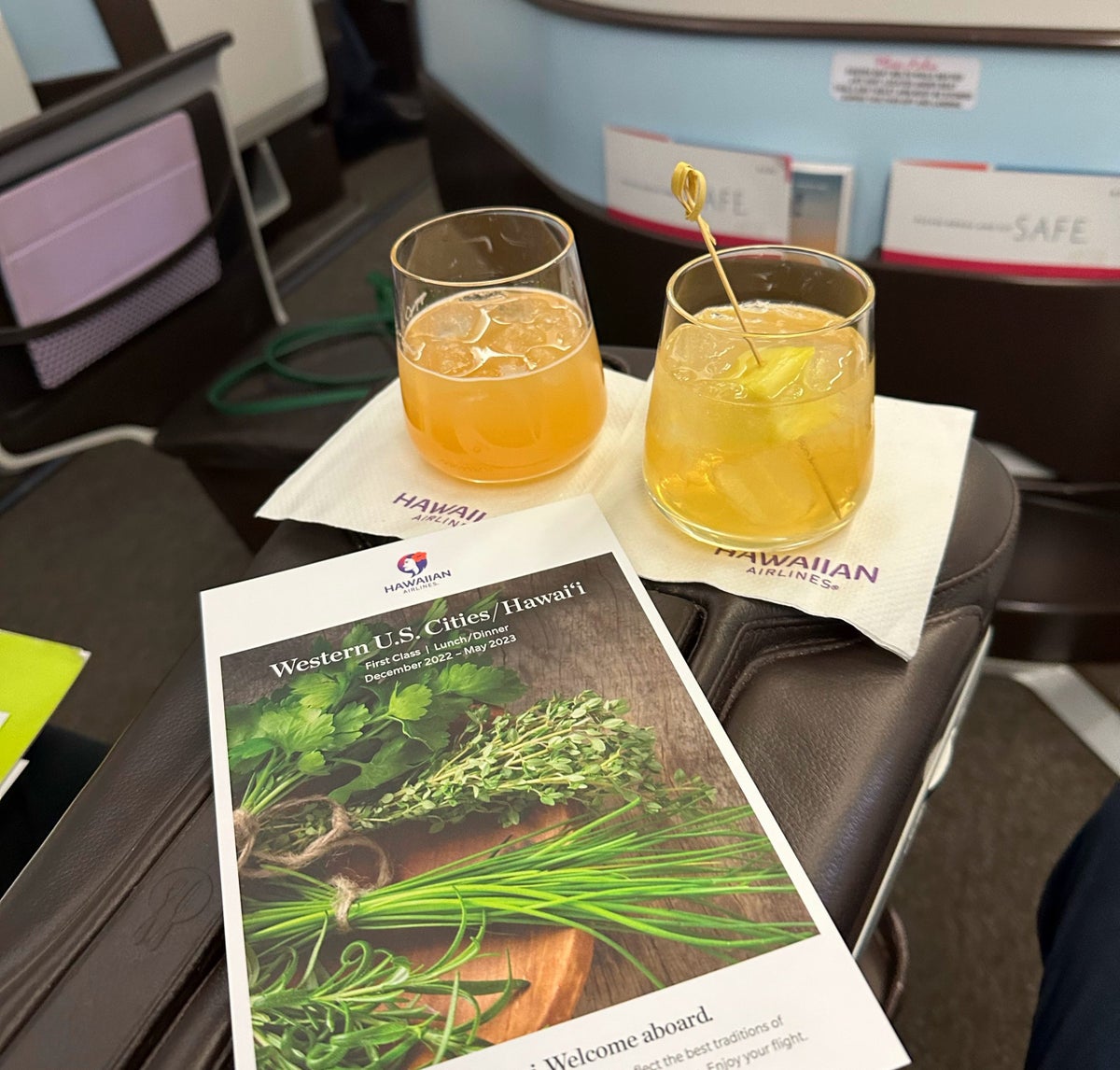 Hawaiian Airlines First Class Mai Tai and POG Juice