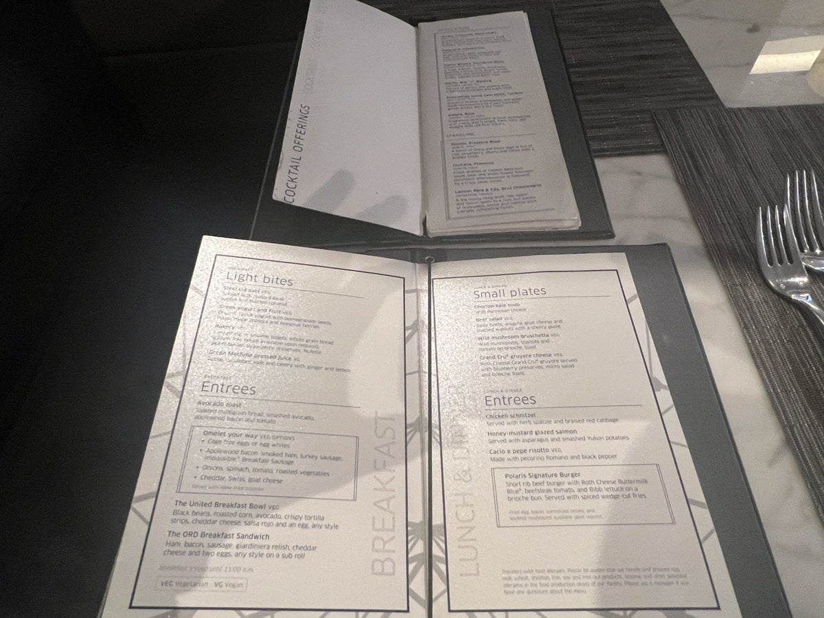 The Dining Room menu at the United Polaris Lounge.