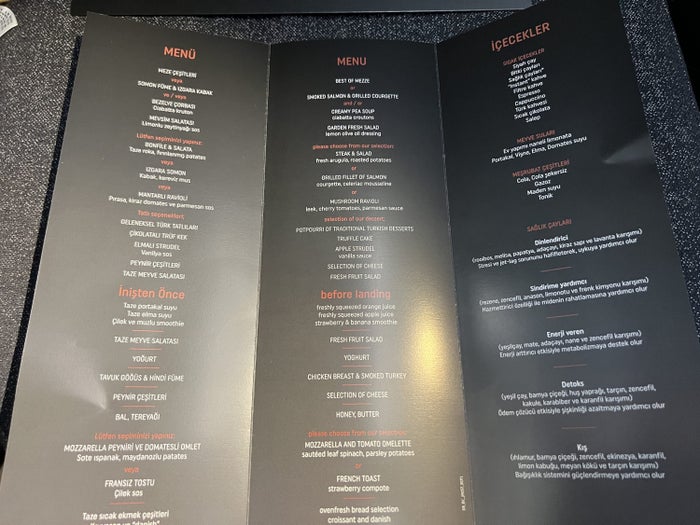 Turkish Airlines Business Class 787-9 Menu
