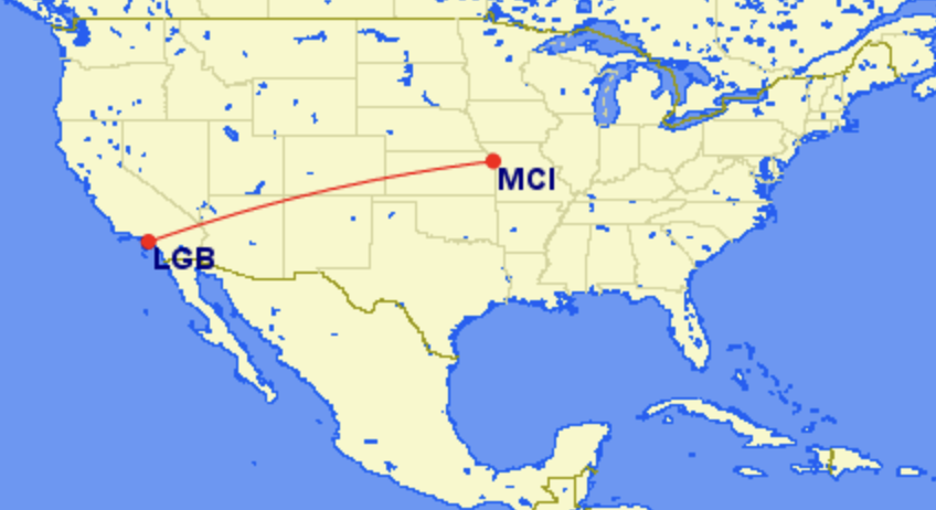 Map of new Southwest route from Kansas City to Long Beach