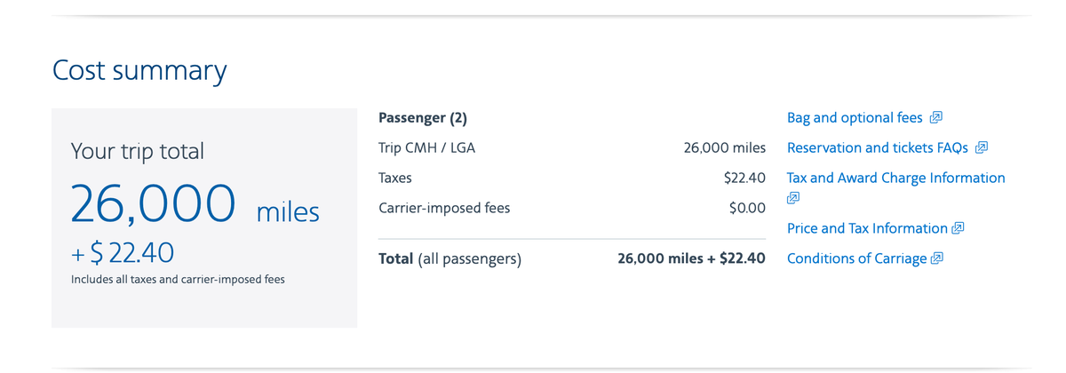 NYC flight cost in American Airlines miles