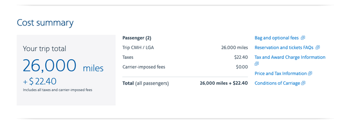 NYC flight cost in American Airlines miles