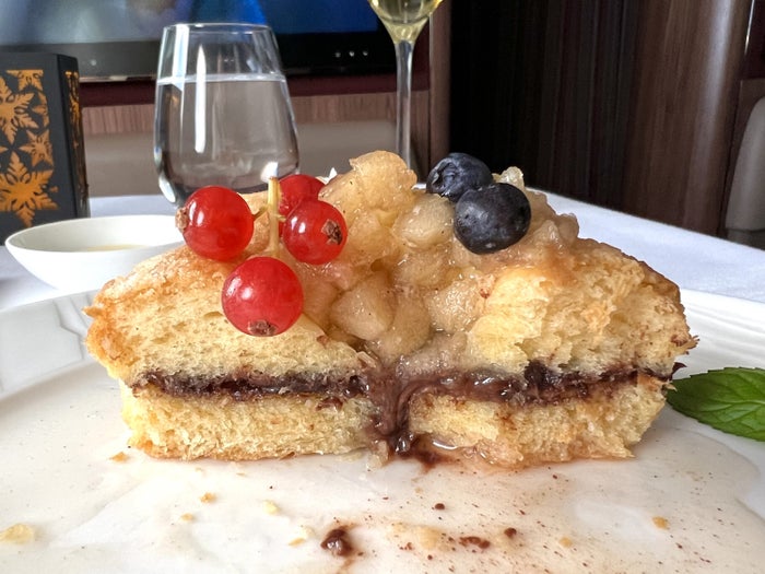 Qatar Airways Airbus A380 first class FB baked donut with Nutella