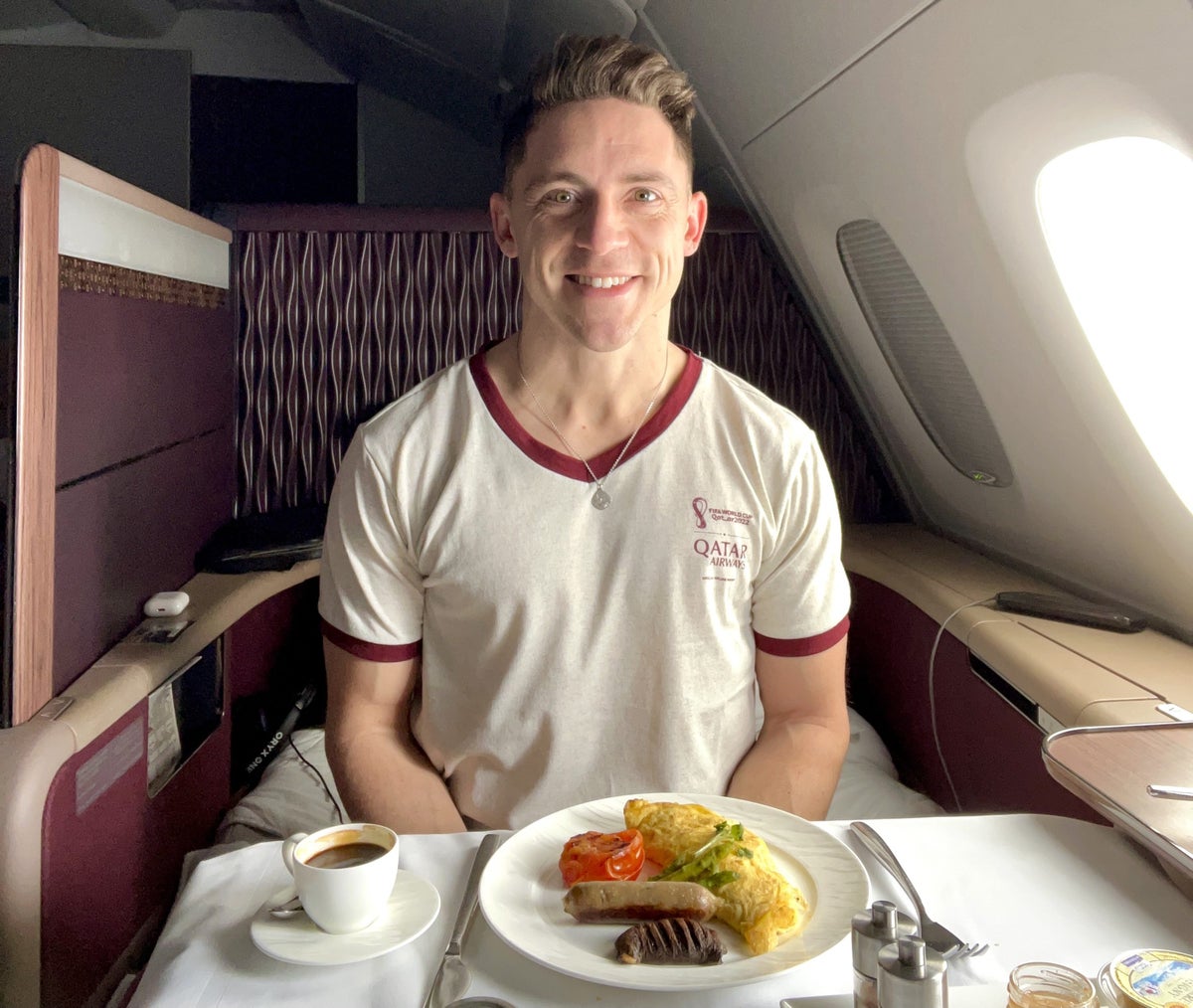 Qatar Airways Airbus A380 first class FB breakfast in bed