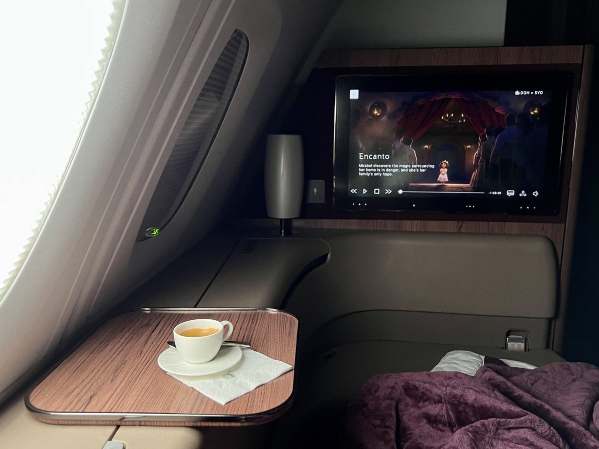 Qatar Airways Airbus A380 first class FB espresso in bed