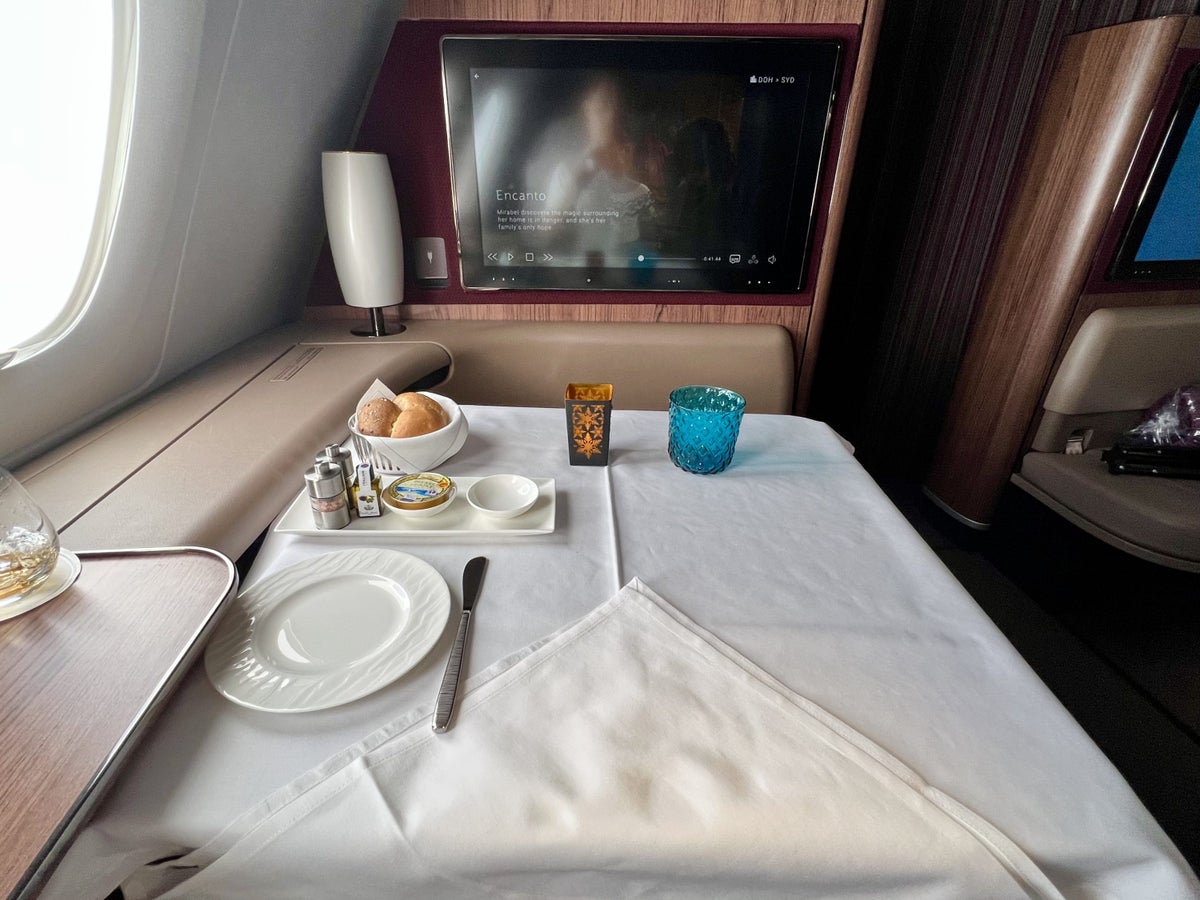 Qatar Airways Airbus A380 first class FB table lay up