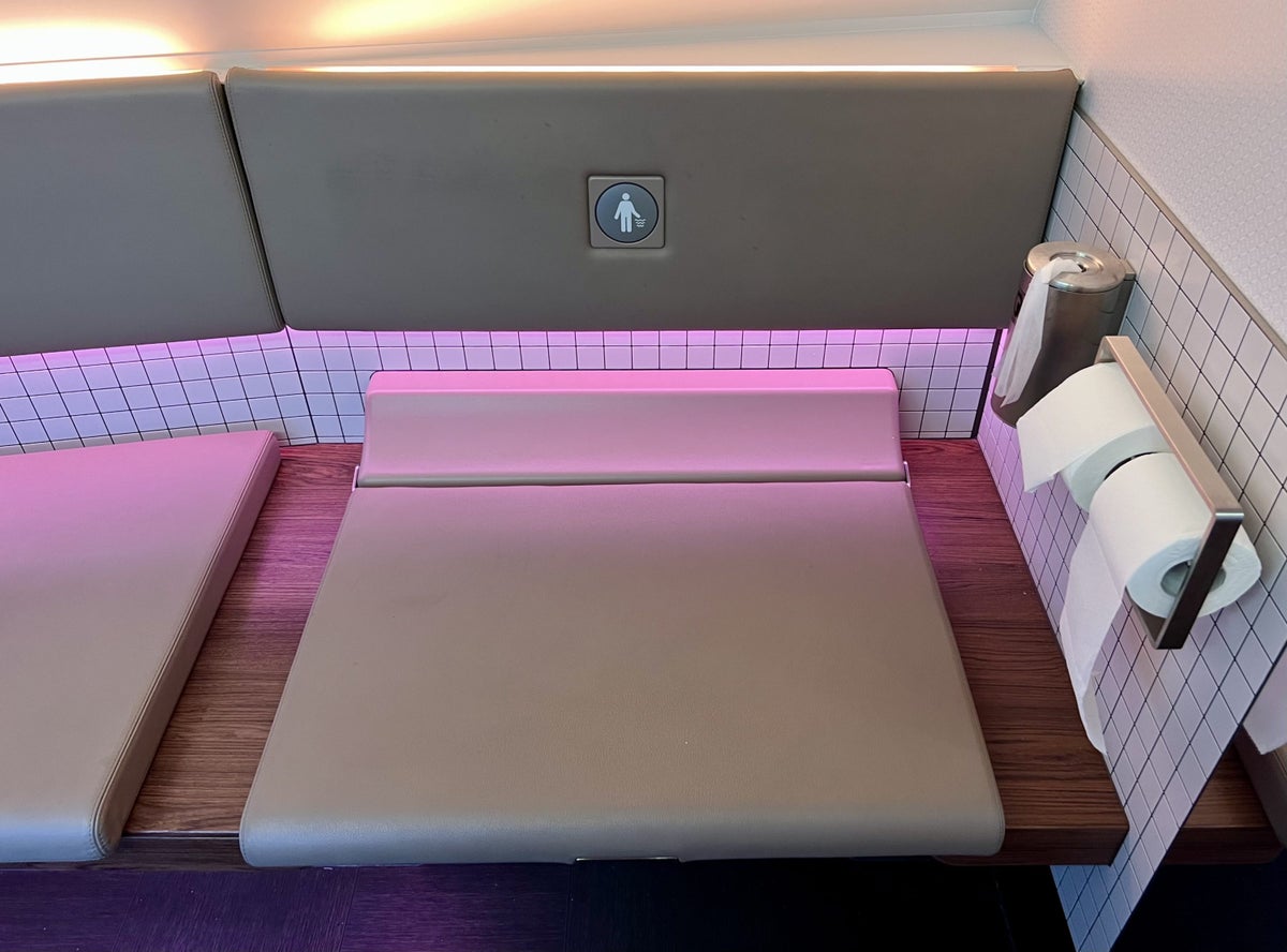 Qatar Airways Airbus A380 first class bathroom covered loo