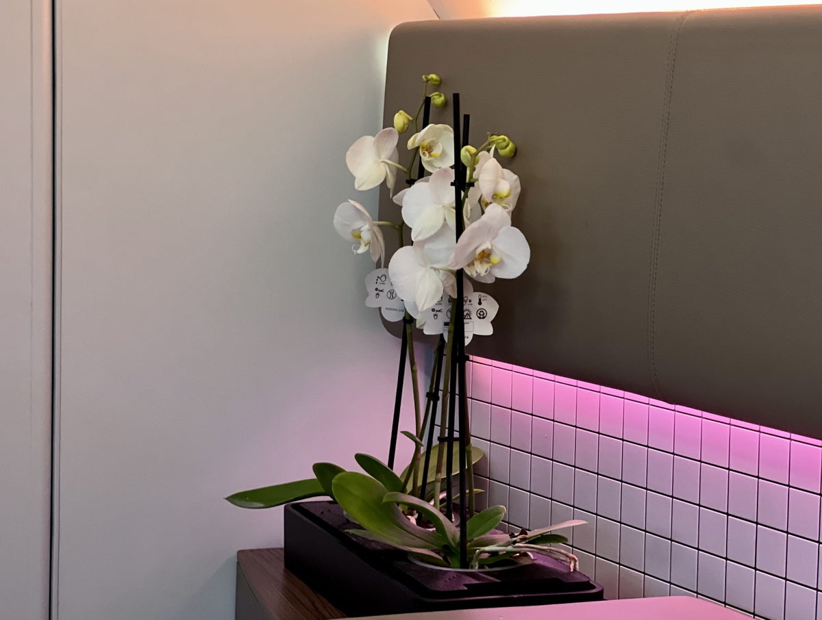Qatar Airways Airbus A380 first class bathroom orchids