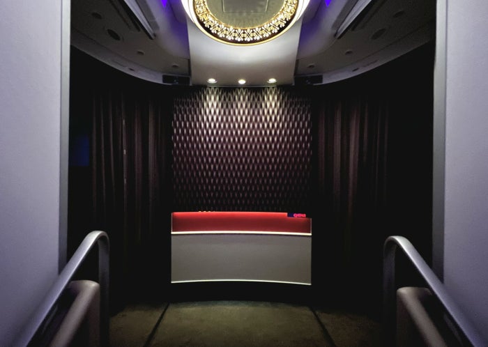 Qatar Airways Airbus A380 first class cabin from stairs