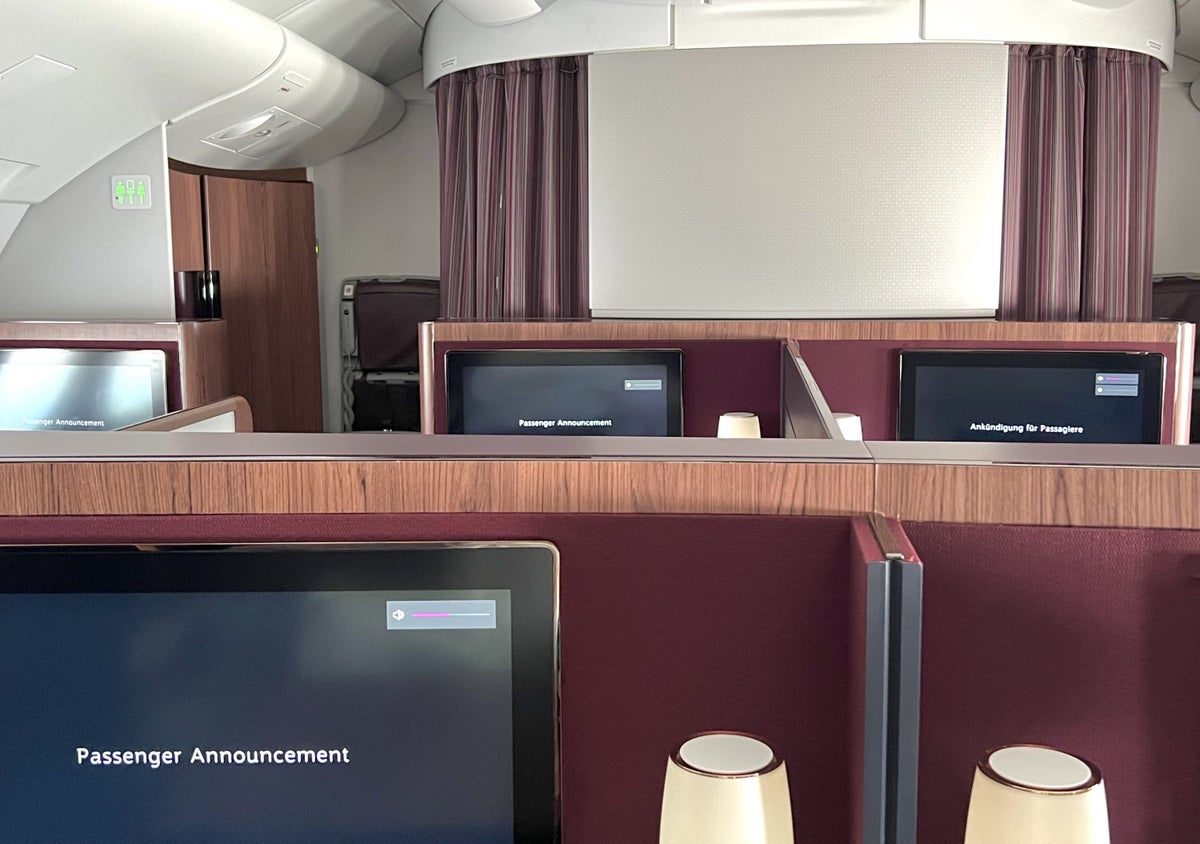 Qatar Airways Airbus A380 first class cabin view from row 2
