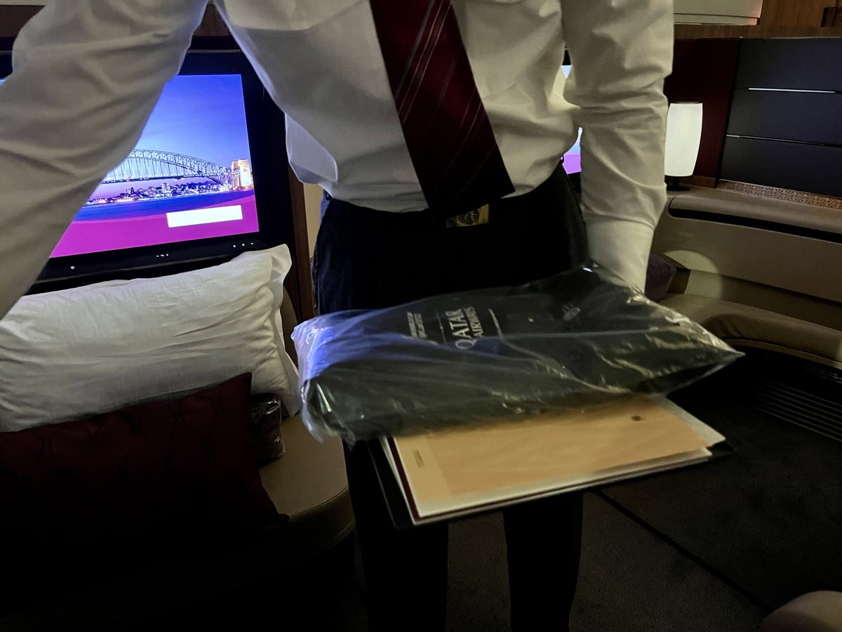 Qatar Airways Airbus A380 first class pajama delivery