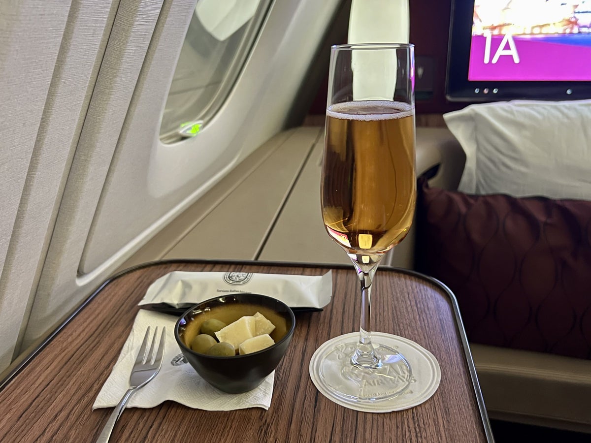 Qatar Airways Airbus A380 first class pre departure drink