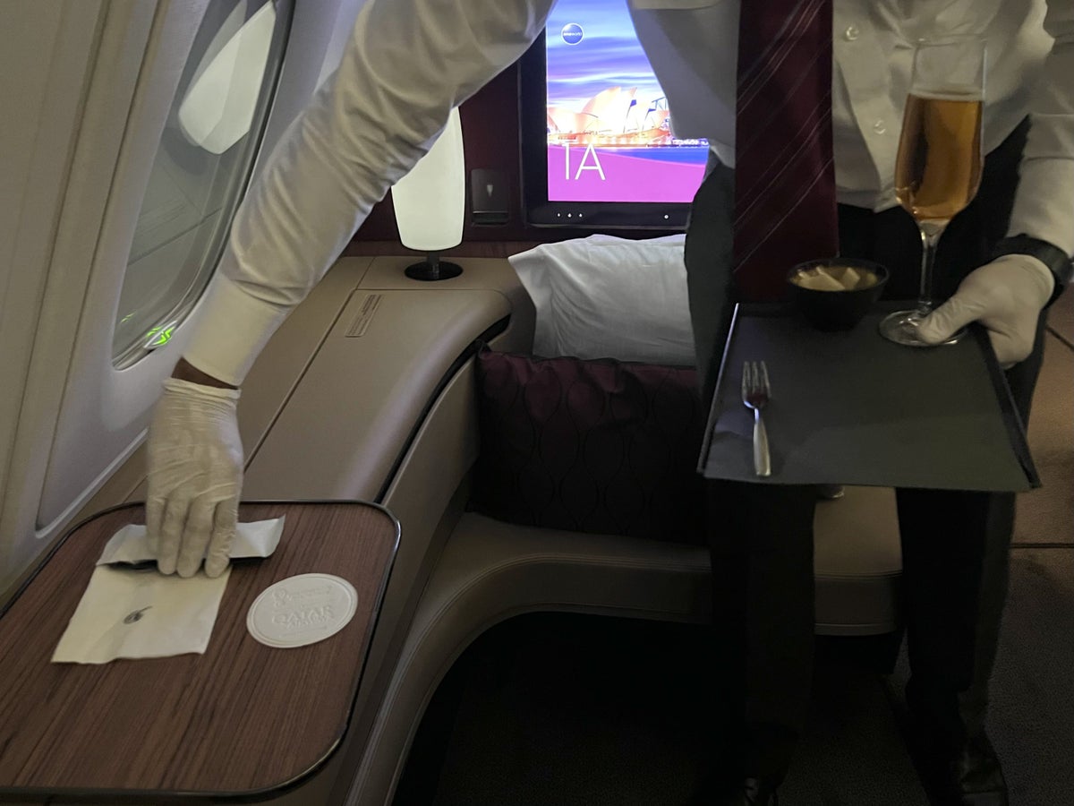 Qatar Airways Airbus A380 first class service pre departure drink