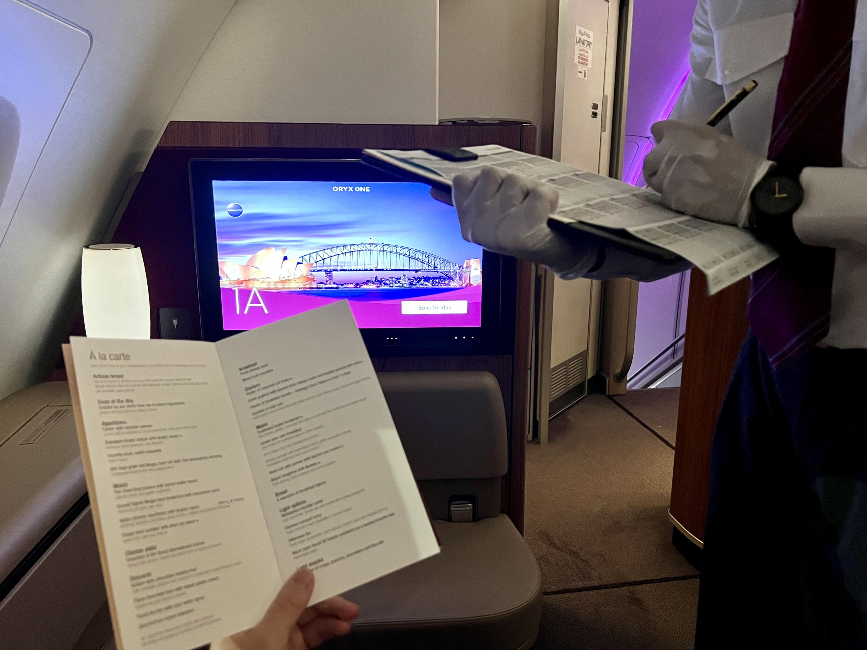 Qatar Airways Airbus A380 first class service pre departure meal planning