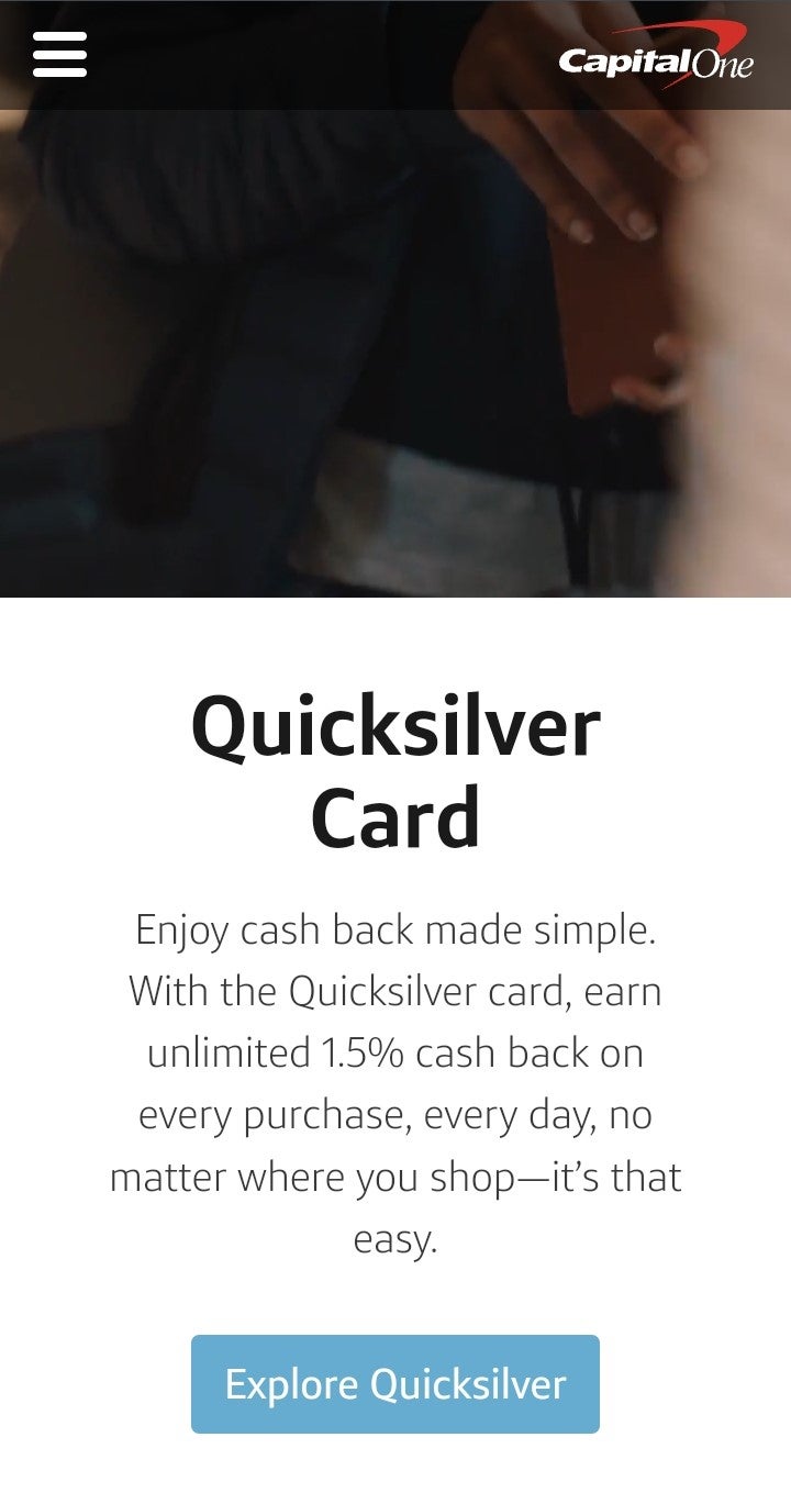 Quicksilver Card on the Capital One Goals QR code landing page for the shopping pin