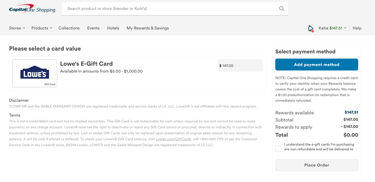 Redeeming Capital One Shopping rewards for a gift card