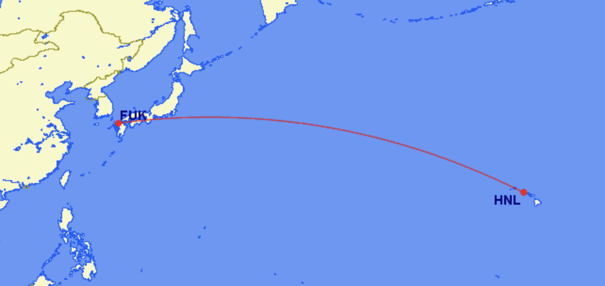Route map of Hawaiian Airlines service from Honolulu to Fukuoka