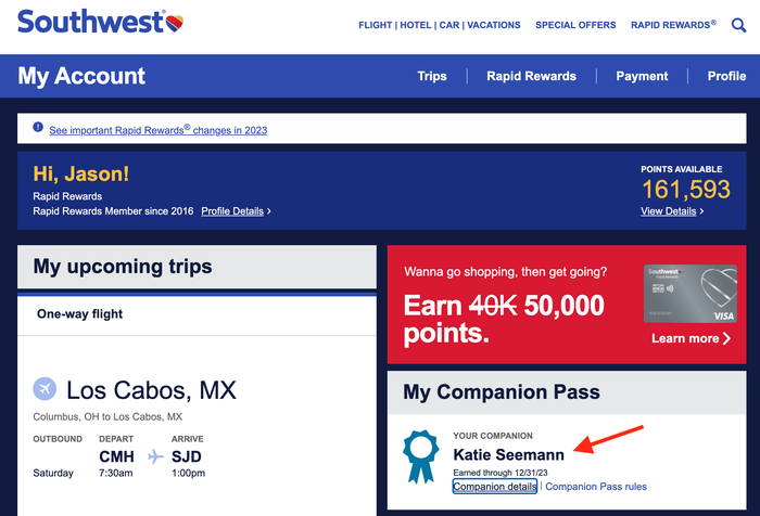 Southwest Companion Pass online account