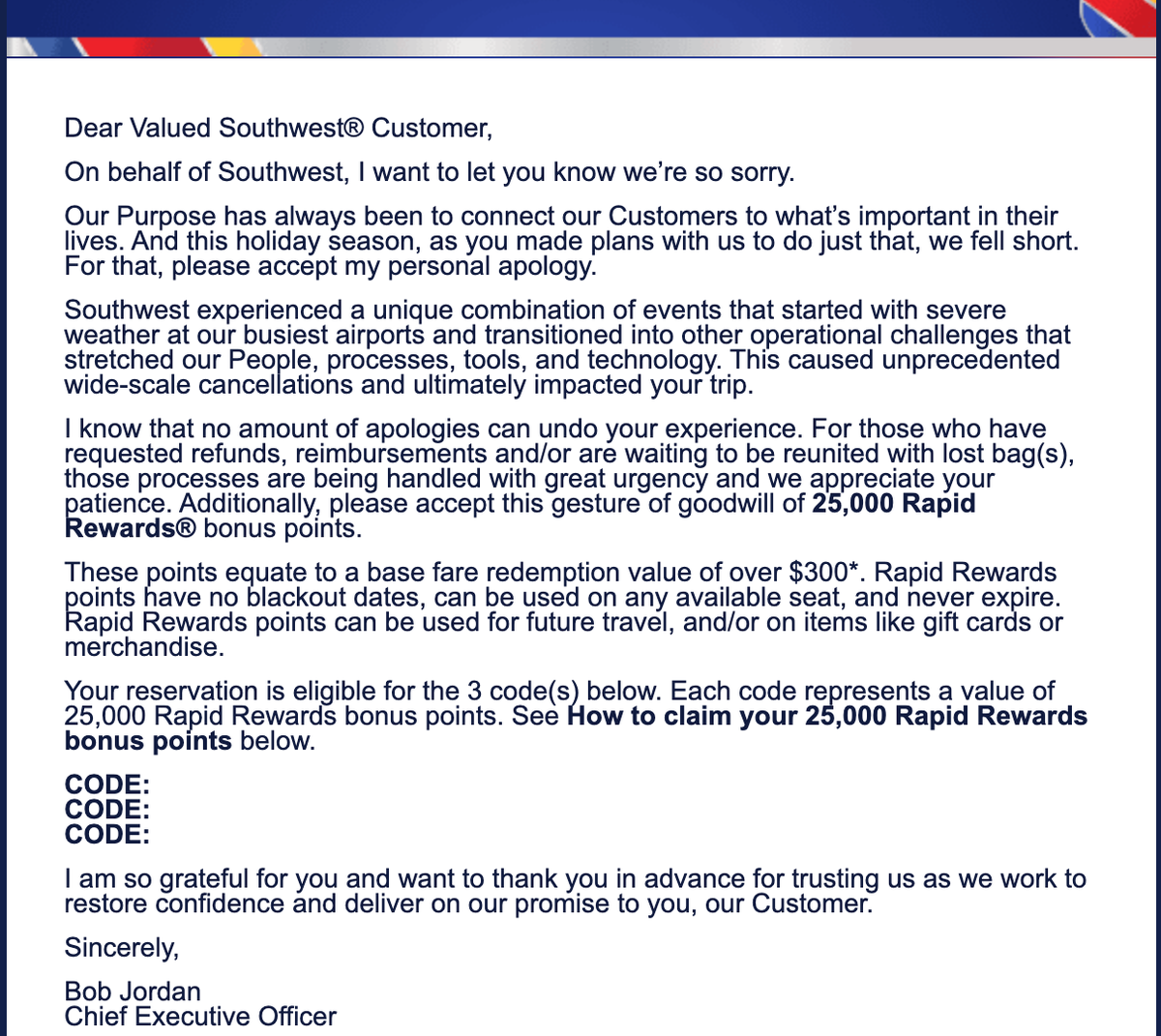 Southwest email with 25k points codes