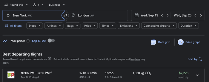 TAP Business Class Search Screenshot