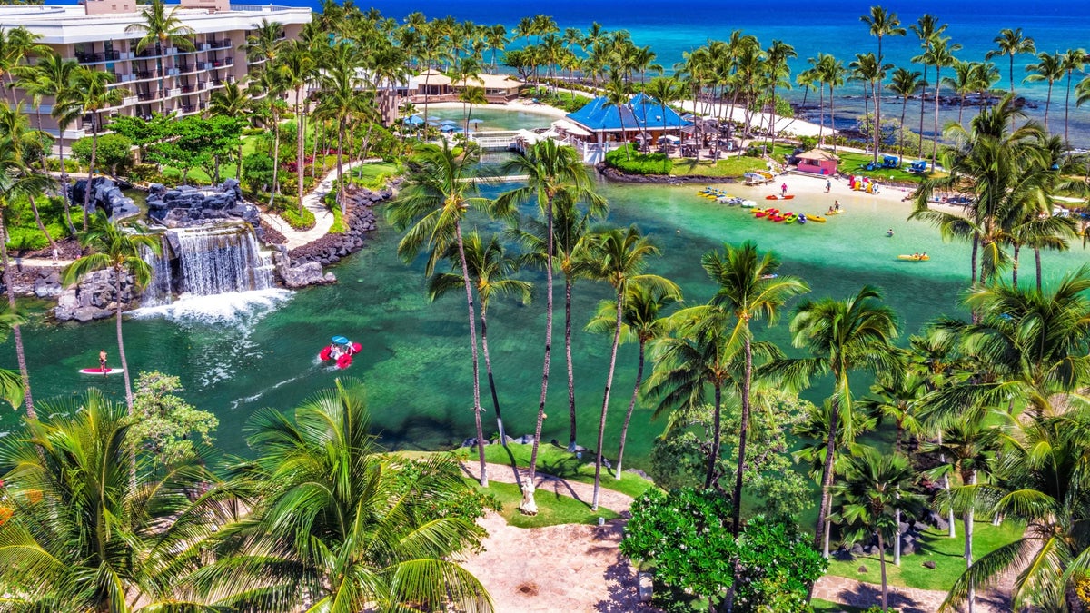 Aerial photo of the saltwater lagoon at Hilton Waikoloa Village on the Big Island of Hawaii.