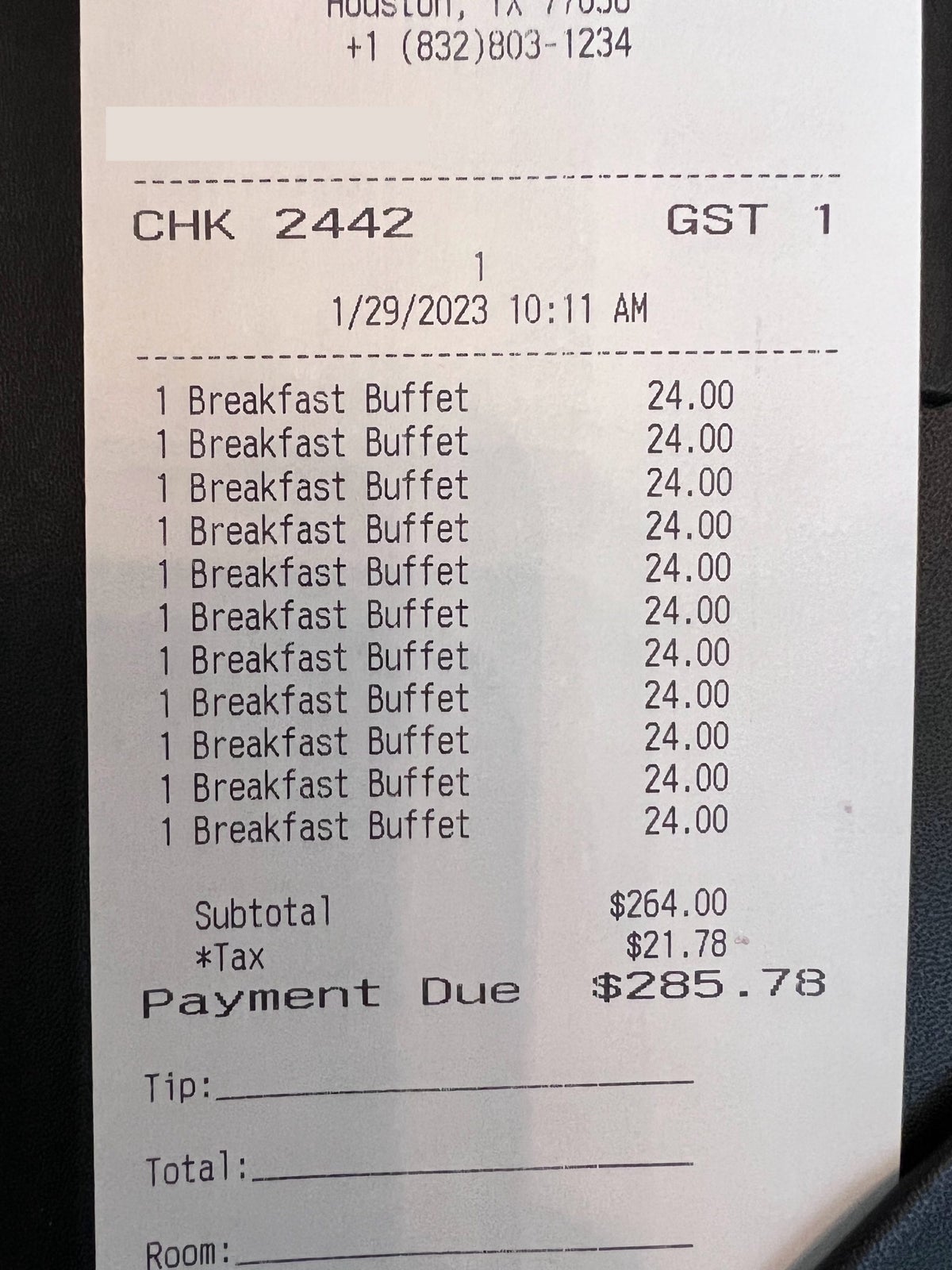 Breakfast bill at Hyatt Regency Houston Galleria