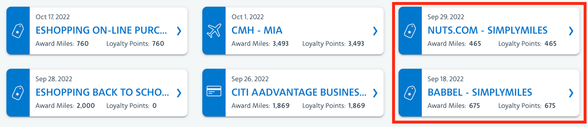 Checking miles from SimplyMiles on AA.com