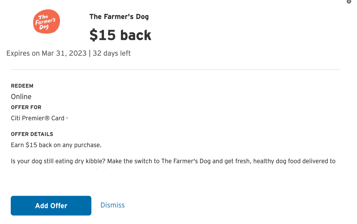 Citi Merchant Offer for The Farmers Dog