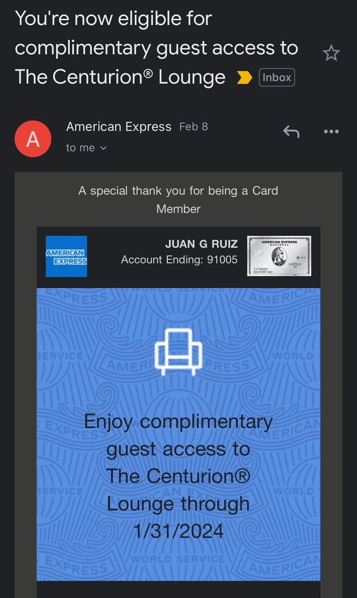 Complimentary Centurion Lounge Access