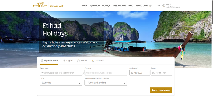 Etihad Holidays landing page Etihad Holidays landing page