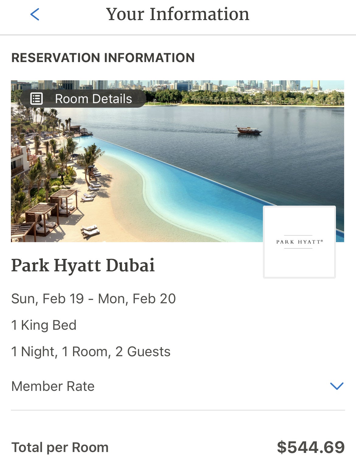 Park Hyatt Dubai King Room Cash Cost 