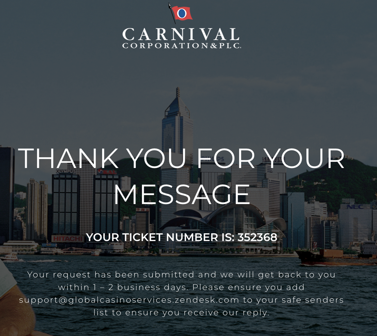 Thank you message from Holland America Status Match Page