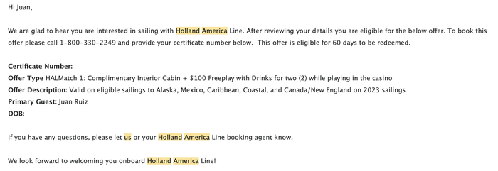 Holland America Status Match Email 