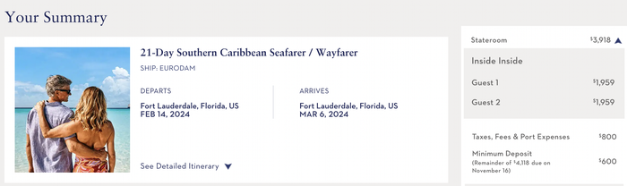 Holland America 21 day cruise screenshot pricing 
