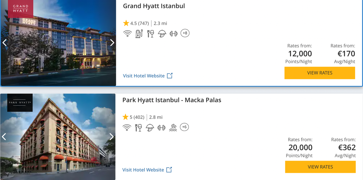 Park Hyatt Istanbul vs Grand Hyatt Istanbul Hyatt points screenshot
