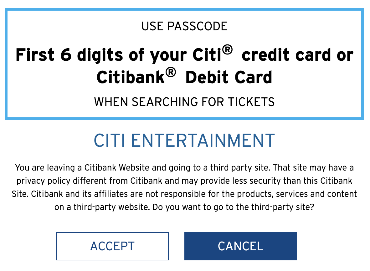 Beyonce Citi passcode page