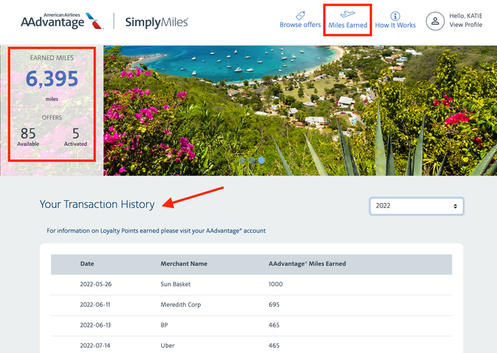 SimplyMiles transaction history
